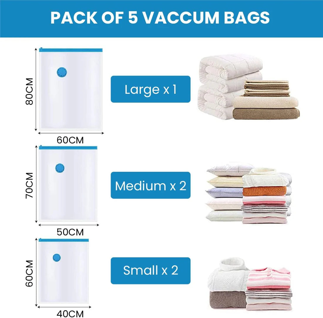 Space Saver (Set of 5) Reusable Vaccum Storage Ziplock Compression Sealer Bags