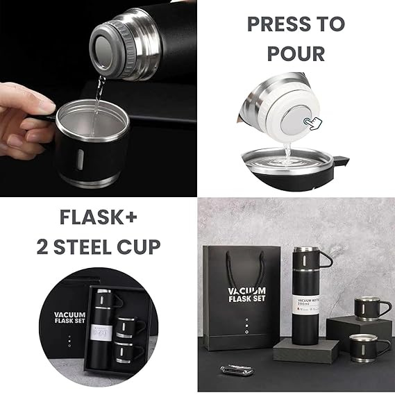 Stainless Steel Vaccum Flask Set With 3 Steel Cups