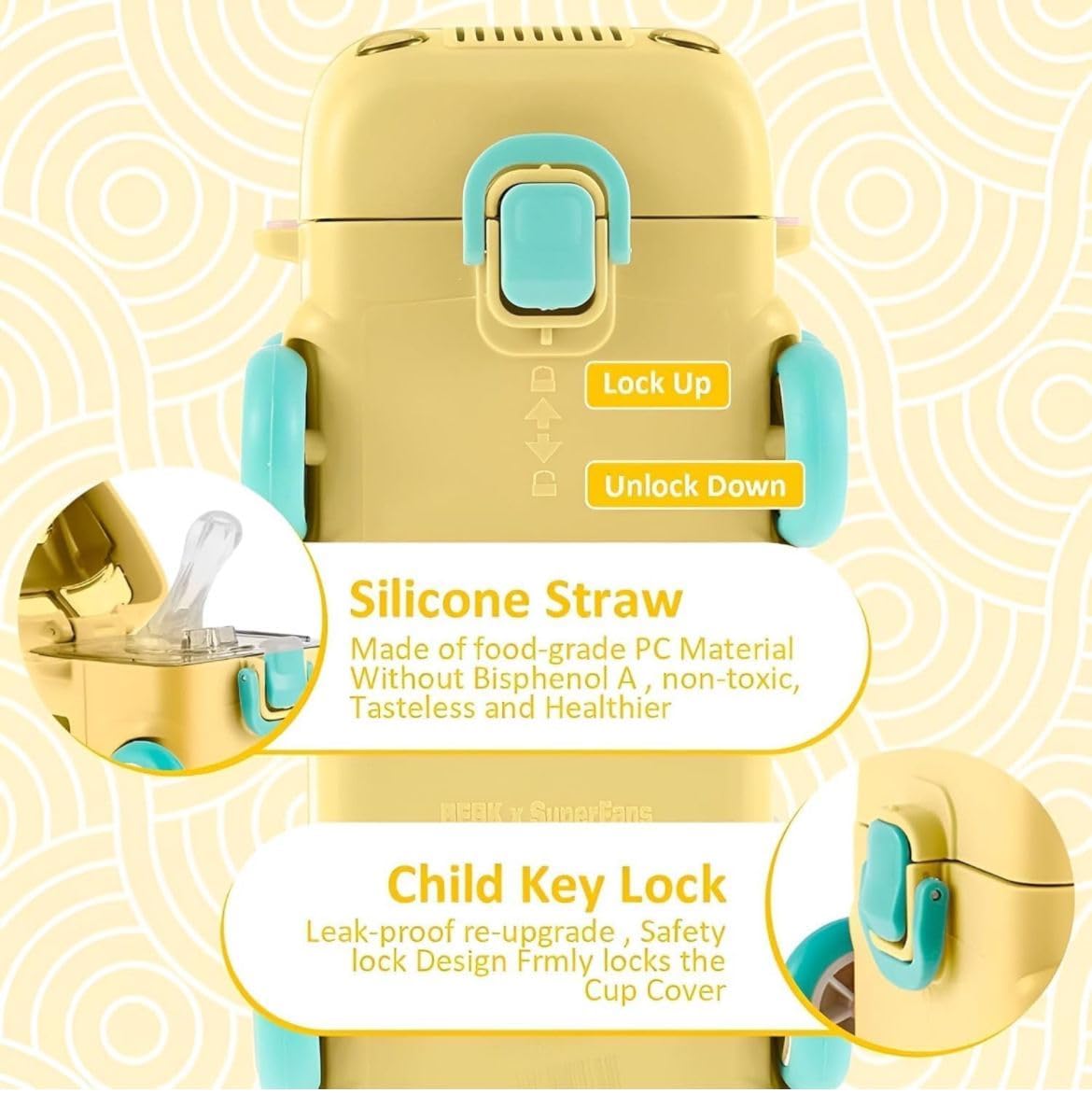 Bus Water Bottle For Kids With Strap, Sipper, & Straw.