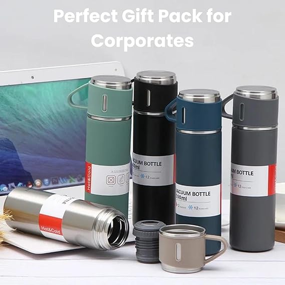Stainless Steel Vaccum Flask Set With 3 Steel Cups