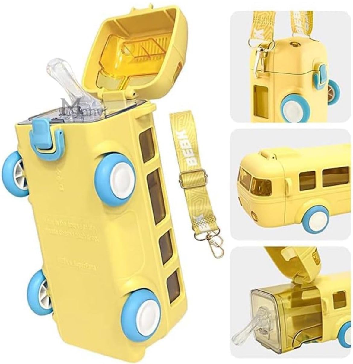 Bus Water Bottle For Kids With Strap, Sipper, & Straw.