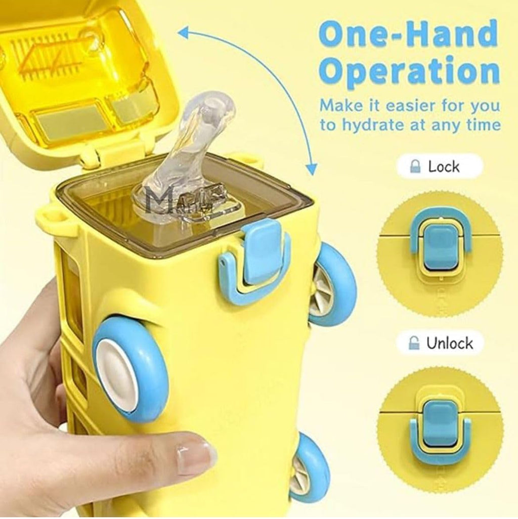 Bus Water Bottle For Kids With Strap, Sipper, & Straw.