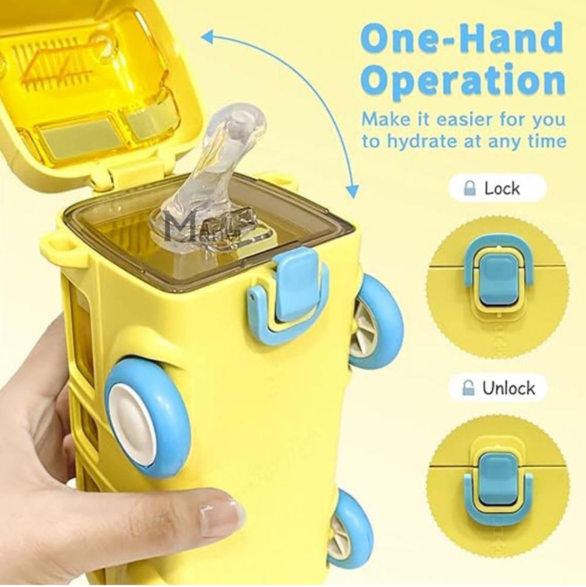 Bus Water Bottle For Kids With Strap, Sipper, & Straw.